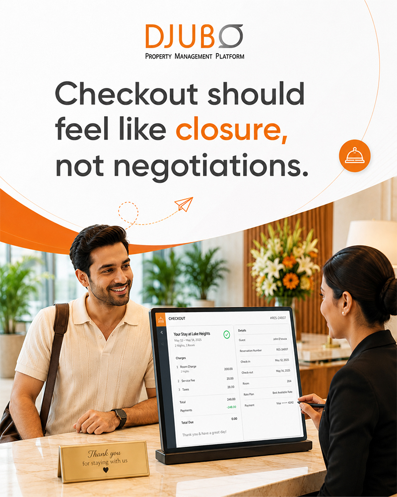 A modern hotel PMS checkout screen showing a consolidated, itemised guest folio